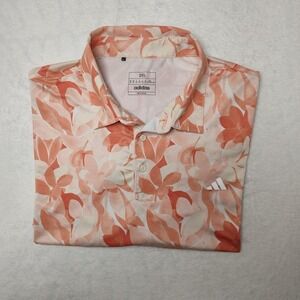 Adidas Polo Shirt Mens 2XL Orange Floral Print Golf Performance Stretch Tennis